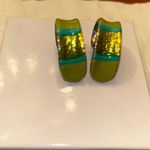 Green blue enamel clip earrings chunky silver tone artisan hammered vint…
